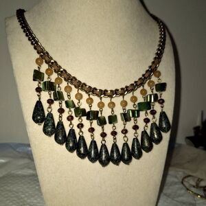 A Fringy Dangle Bib Necklace Heavy Chain Dyed Shell Bohemian Gypsy Whimsical Y2K